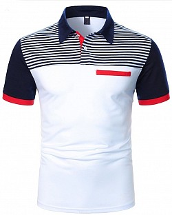 Multi-patterned polo shirt printed lower half, both sides.