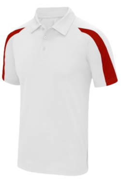White/ red banded polo shirt printed front, and back.